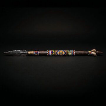 Traditional African Zulu Beaded Assegai Spear: A short Zulu stabbing spear (Assegai) with a hand-forged iron blade, 