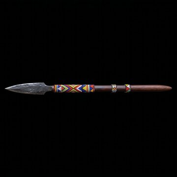 Traditional African Zulu Beaded Assegai Spear: A short Zulu stabbing spear (Assegai) with a hand-forged iron blade, 