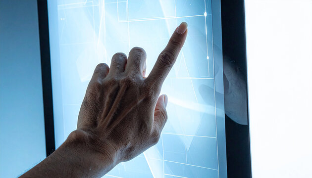 Digital Interaction: A close-up of a person's hand interacting with a futuristic digital interface, showcasing touch technology and data visualization.