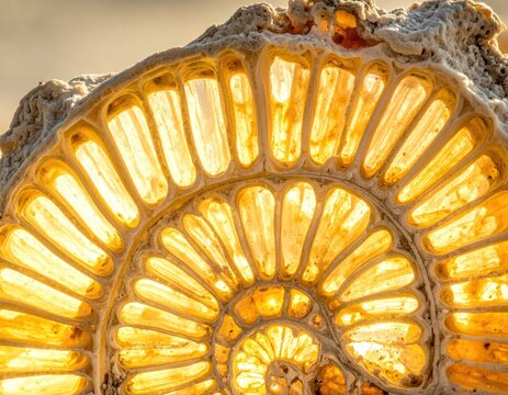 Backlit amber ammonite fossil shell cross section macro