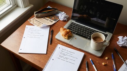 Obraz premium Messy desk workspace with laptop notebooks and coffee cup pen holder workspace