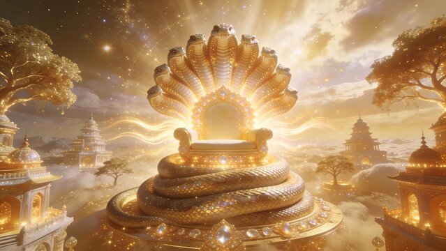 A majestic golden throne resting upon the multi-headed Anant Shesh Naag in a divine celestial realm.