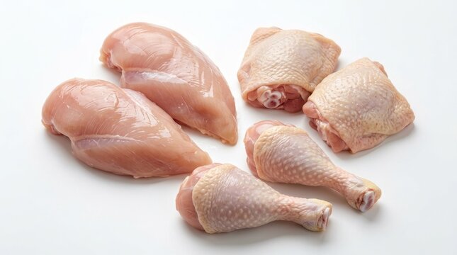 Assorted raw chicken parts including breast, thighs and drumsticks