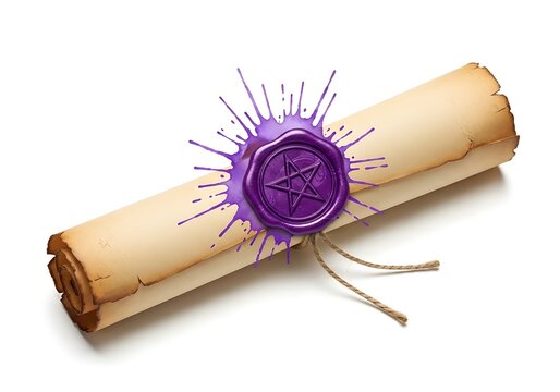 A rolled parchment scroll sealed with a purple wax stamp featuring a pentagram symbol, isolated on white background