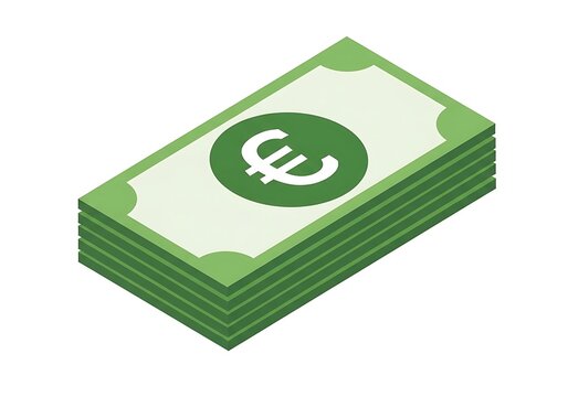 A thick stack of green paper money with a euro symbol on the bill, isolated on a plain white background
