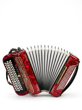 Vintage Red Button Accordion with Gold Filigree Isolated on White Background - Professional Musical Instrument