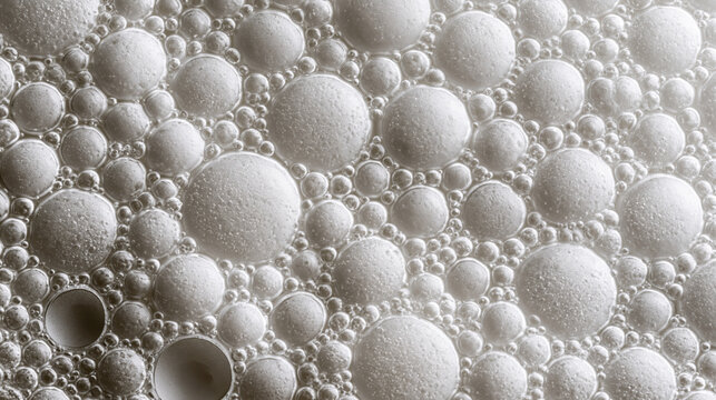 Overhead flat lay view of dense micro foam bubble texture with white spheres, abstract pattern, and soft monochrome detail for science or design use