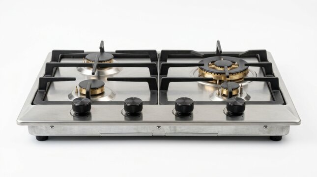 Modern 4-Burner Stainless Steel Gas Hob Isolated on White