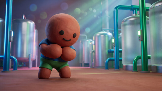 次世代水素エネルギープラントに佇む粘土風マスコットキャラクターの3D画像