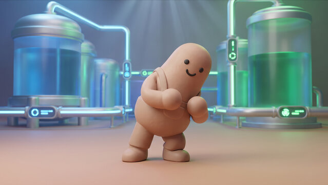 次世代水素エネルギープラントに佇む粘土風マスコットキャラクターの3D画像