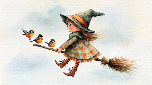 A whimsical watercolor illustration of a young witch flying on a broomstick, accompanied by three small birds perched on the broom"s handle.