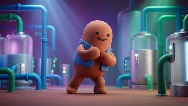 次世代水素エネルギープラントに佇む粘土風マスコットキャラクターの3D画像