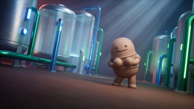 次世代水素エネルギープラントに佇む粘土風マスコットキャラクターの3D画像