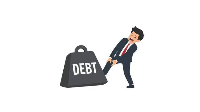 Businessman animated pulling heavy debt weight trapped in financial crisis in 4k isolated on white background