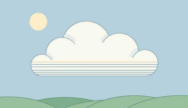 Minimalist design of a large white cloud and soft yellow sun over rolling green hills under a calm blue sky.