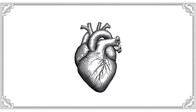 Detailed Anatomical Human Heart Illustration with Fine Engraving Lines Inside an Elegant Decorative Border for Medical Education and Classic Scientific Presentation