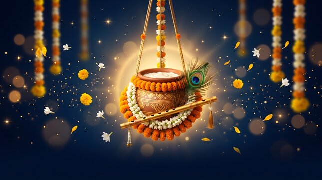 Dahi handi festival celebration poster with peacock feather accompanied marigold flowers peacock