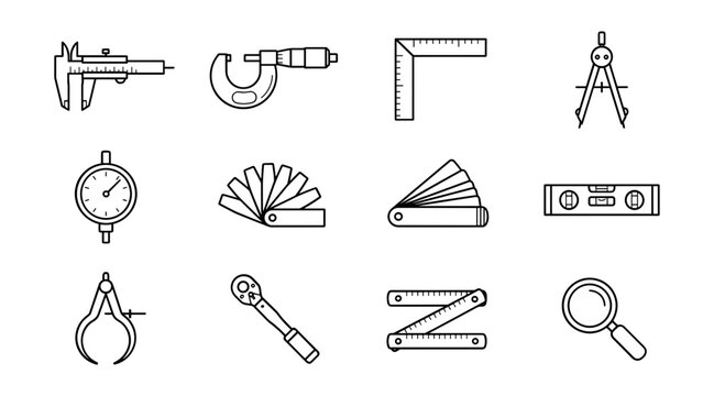 Precision Measuring and Engineering Hand Tools Outline Icon Set Featuring Vernier Calipers, Micrometers, Try Squares, Feeler Gauges, Dial Indicators, and Spirit Level Vectors