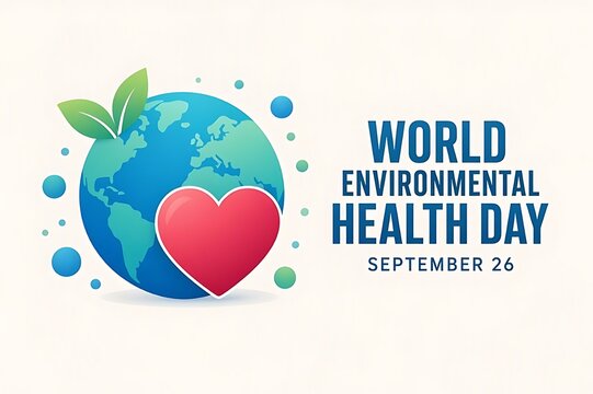 World Environmental Health Day banner with planet earth and red heart symbol for ecology awareness