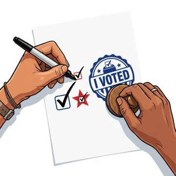 Person marking a ballot paper with a check mark and stamping i voted sticker