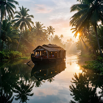 Kerala Backwaters houseboat at sunrise palm trees tranquil river tropical paradise