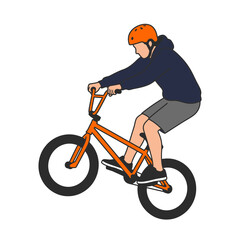 Fototapeta premium BMX rider wearing orange helmet performing wheelie stunt on bicycle, isolated flat vector illustration for sports concepts