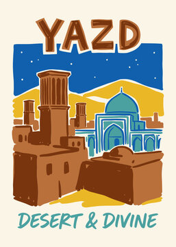Yazd Iran Travel Poster Illustration with Windcatchers and Blue Mosque