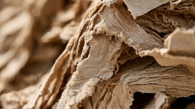 Extreme Macro Close-up Shot of Shredded Recycled Paper Pulp and Torn Craft Fiber Edges