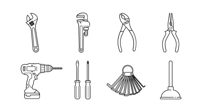 Plumbing and Repair Hand Tools Line Icon Set Featuring Pipe Wrench, Adjustable Spanner, Electric Drill, Screwdrivers, Plier, Plunger, and Feeler Gauge Vectors