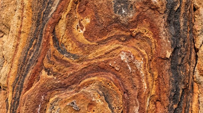 Close up view of natural rock formation with swirling layers of orange and brown minerals.