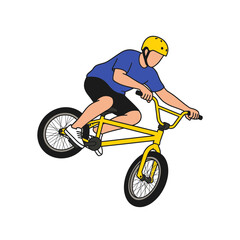 Fototapeta premium Young man wearing a yellow helmet riding a yellow BMX bicycle performing a trick, vector illustration isolated on white