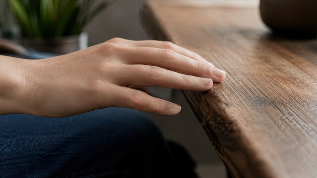 Nighttime, panic, cardiac. Close-up of a hand touching a wooden table edge as part of a grounding technique. Panic attack self-management concept.