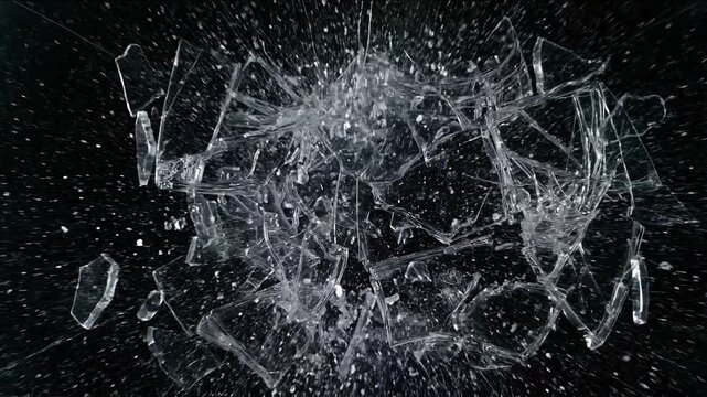 Dynamic shattered glass fragments exploding and moving through the air on a deep black background
