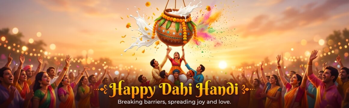Happy dahi handi festival celebration poster with people reaching for clay pot with Indian culture