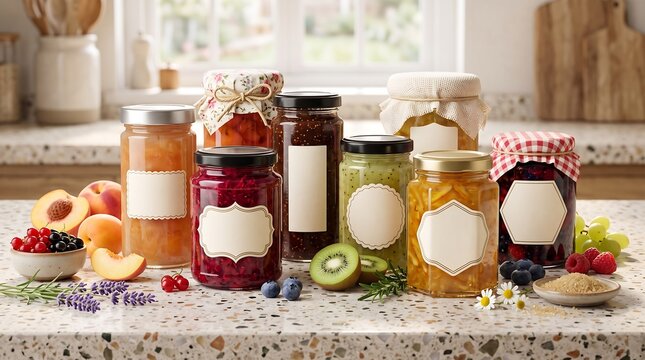 Jars of homemade fruit jam with blank labels on kitchen counter