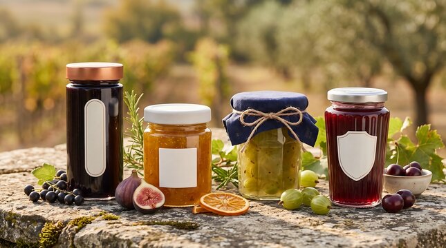 Artisan jam jars with blank labels on stone in vineyard mockup