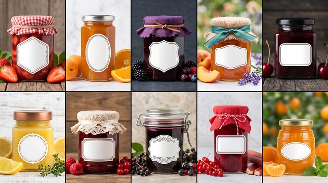 Assorted fruit jam jars with blank labels for mockup design