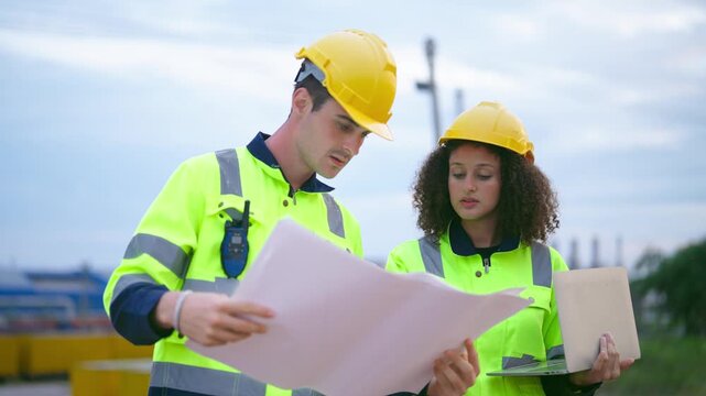 Caucasian male and Latina female engineer discuss project outdoors. 