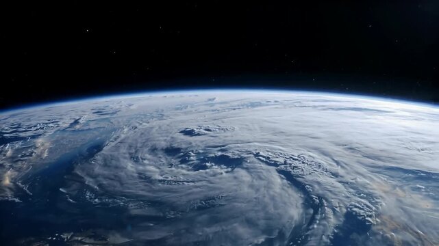 Earth From Orbit Showing Swirling Storm Clouds over Ocean Land with Starry Sky Background Cinematic