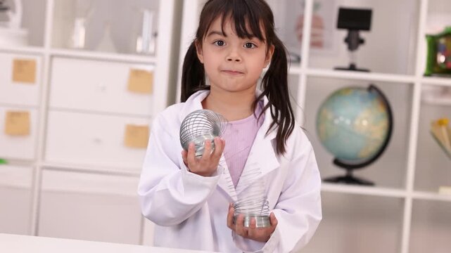 Young Girl in Lab Coat Playing with Metal Spring Toy