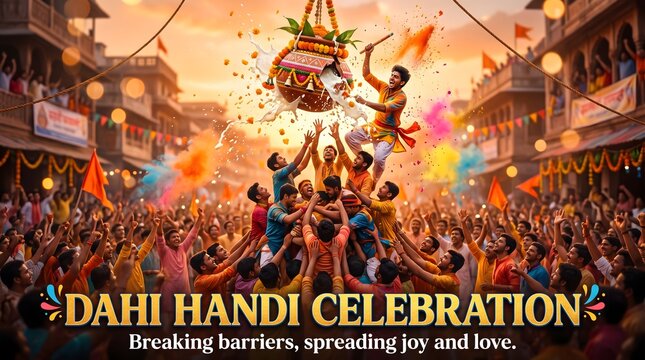 Vibrant dahi handi festival celebration with human pyramid breaking pot illustration