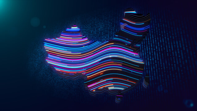 Abstract China map rendered with colorful glowing lines, digital particles, dotted grid texture, depth, and dramatic blue lighting for a modern futuristic technology background.