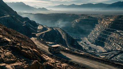 Fototapeta premium Aerial drone view of massive open pit mine, terraced rock wall and haul road beneath misty mountain landscape