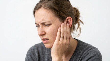 Fototapeta premium Young woman holding her ear with pained expression on white background