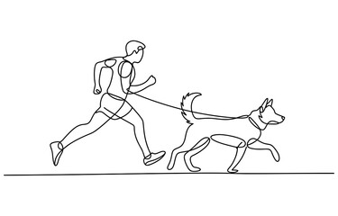 Fototapeta premium Continuous single line drawing of a man running with his dog on a leash Vector, illustration