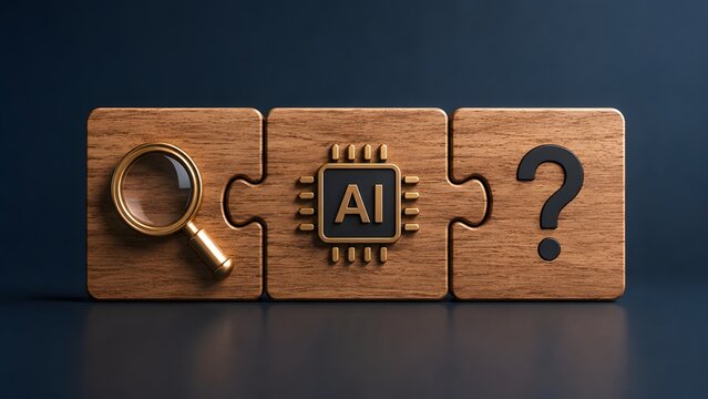 Artificial intelligence problem solving concept with magnifying glass and question mark on wooden puzzle pieces