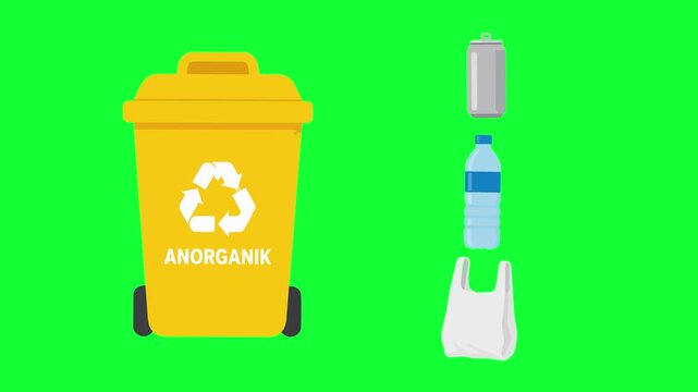 Inorganic trash bin animated sorting plastic waste in 4k green screen background