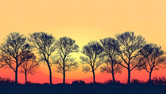 Silhouetted Row of Bare Trees Against Vibrant Sunset Sky