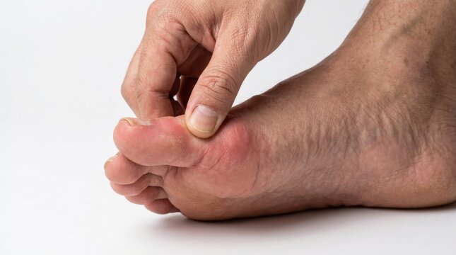 Person touching a swollen and red big toe joint due to gout
