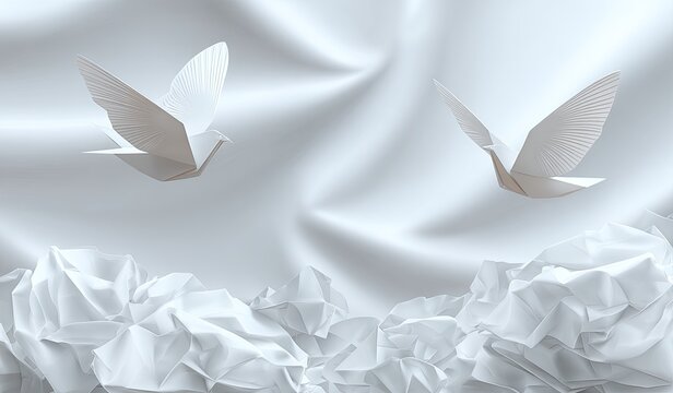 Two origami birds in flight over crumpled paper